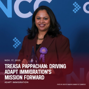 Treasa Pappachan receiving the 2025 Equity Entrepreneur Award at the GNCC Women in Business Awards for leadership and innovation at Adapt Immigration Inc.