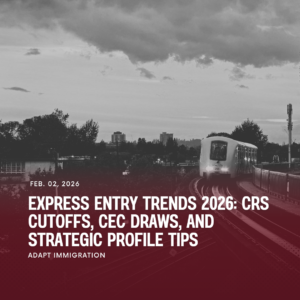 Scenic view of Canada with a train passing through mountains and forests, illustrating Express Entry trends 2026 and immigration opportunities.