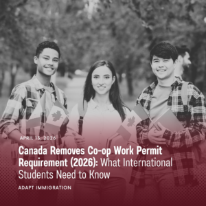 International students holding Canadian flags and books outdoors, representing Canada’s 2026 policy removing co-op work permit requirement for study and work opportunities