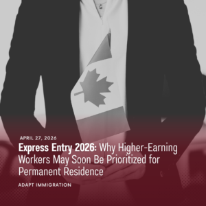 Professional holding a small Canadian flag with overlay text “Express Entry 2026: Why Higher-Earning Workers May Soon Be Prioritized for Permanent Residence,” representing upcoming changes to Canada immigration policies.